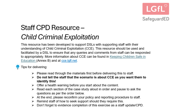 Image of text on front page of CCE resource