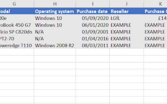 Screen of Example Asset Register