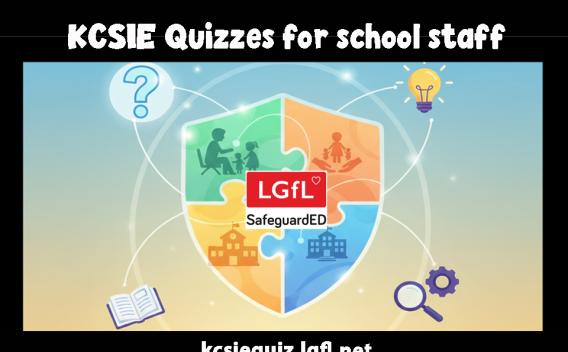 Image of a shield and question marks and text reading KCSIE Quizzes for school staff
