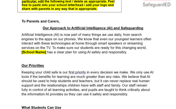 Image of letter to parents about AI use in school