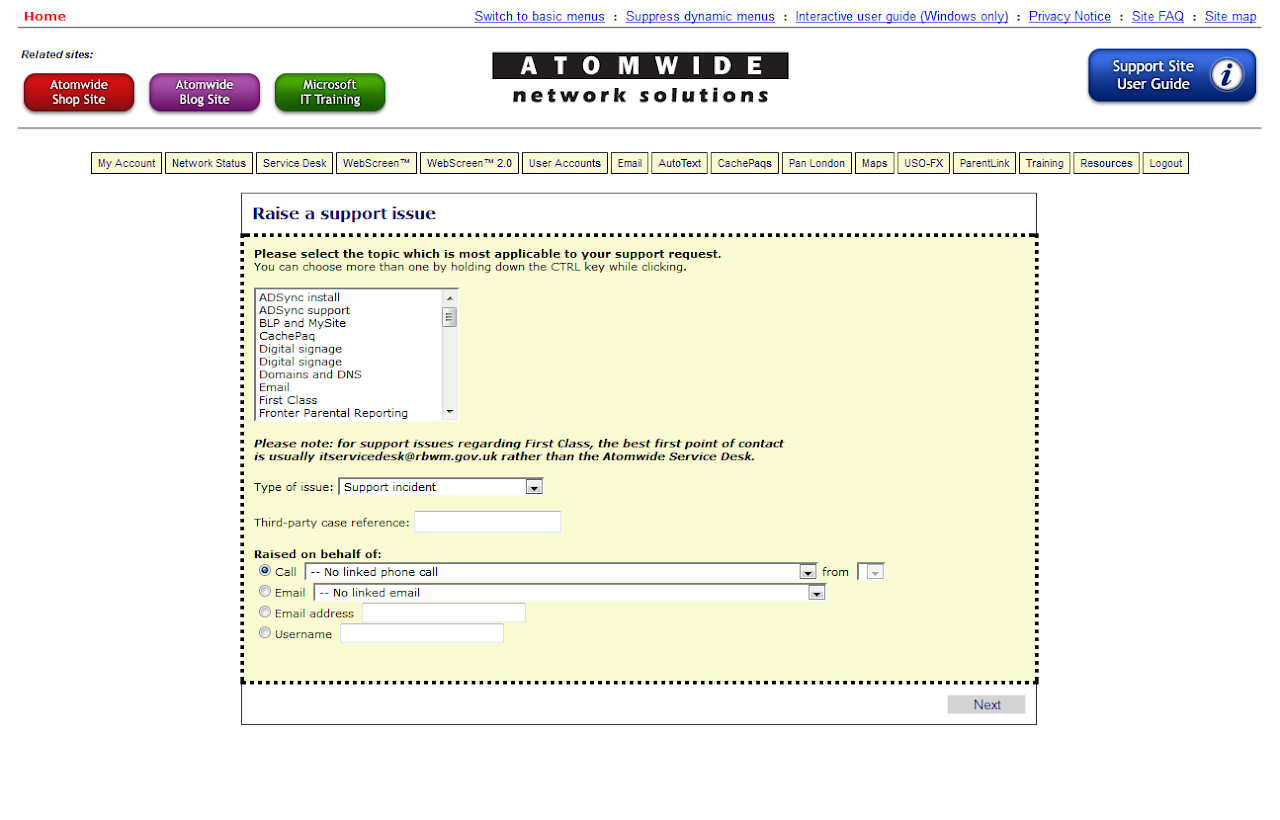 Support site screenshot