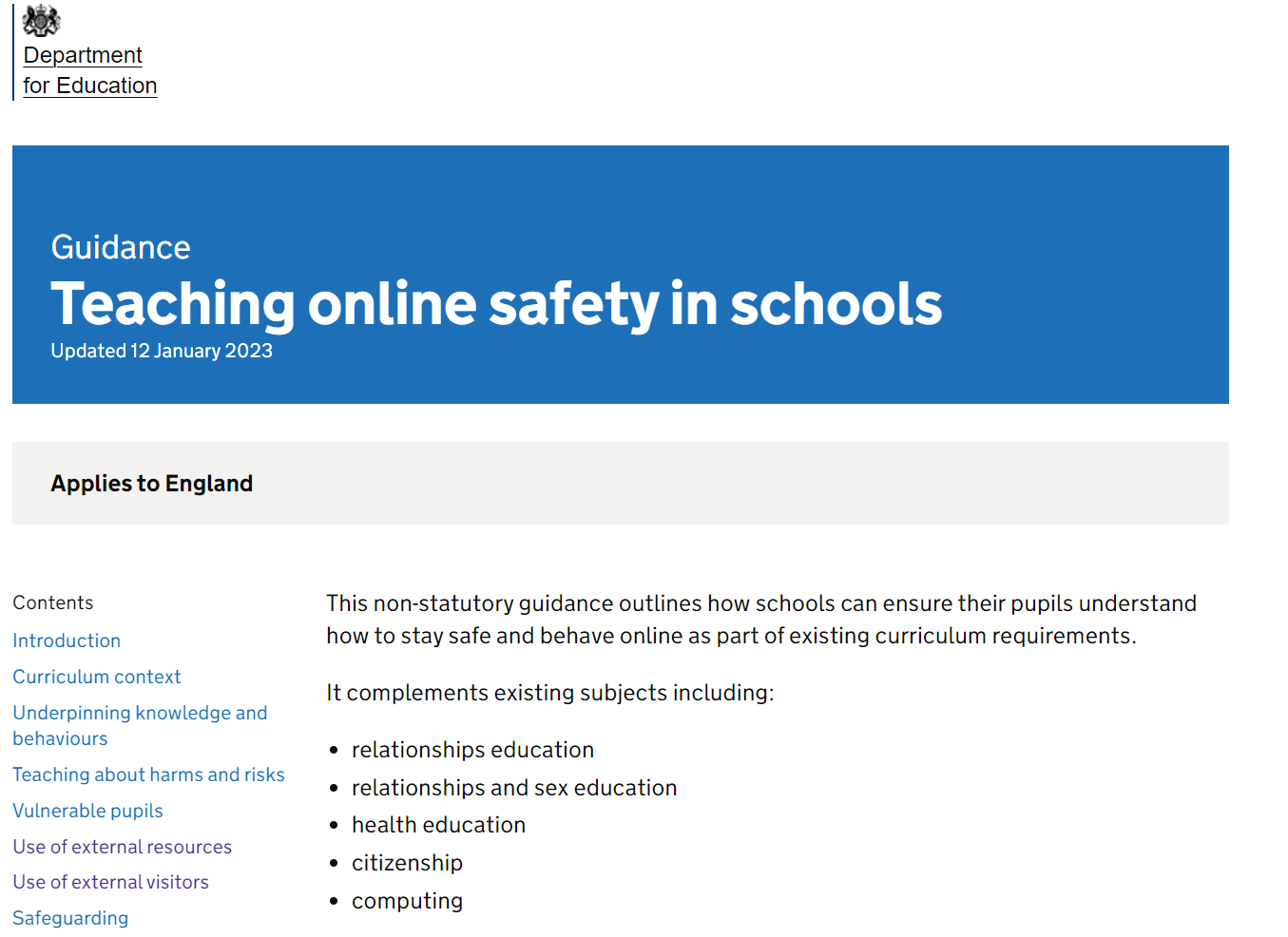 Teaching Online Safety in Schools Guidance