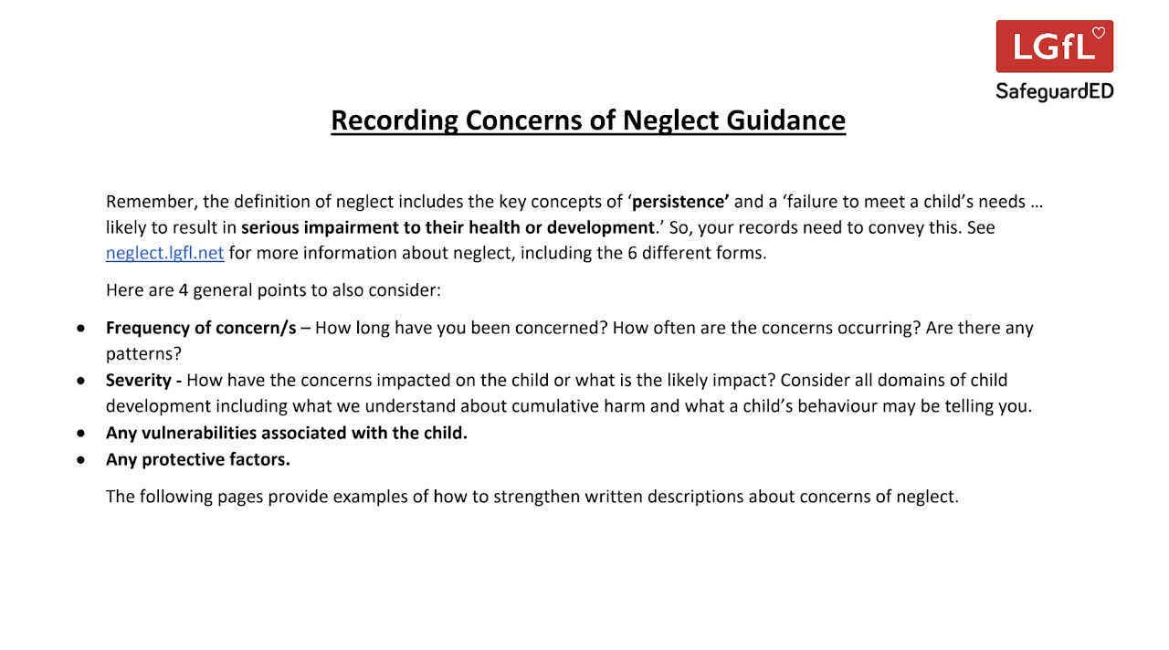 Recording Concerns of Neglect Guidance