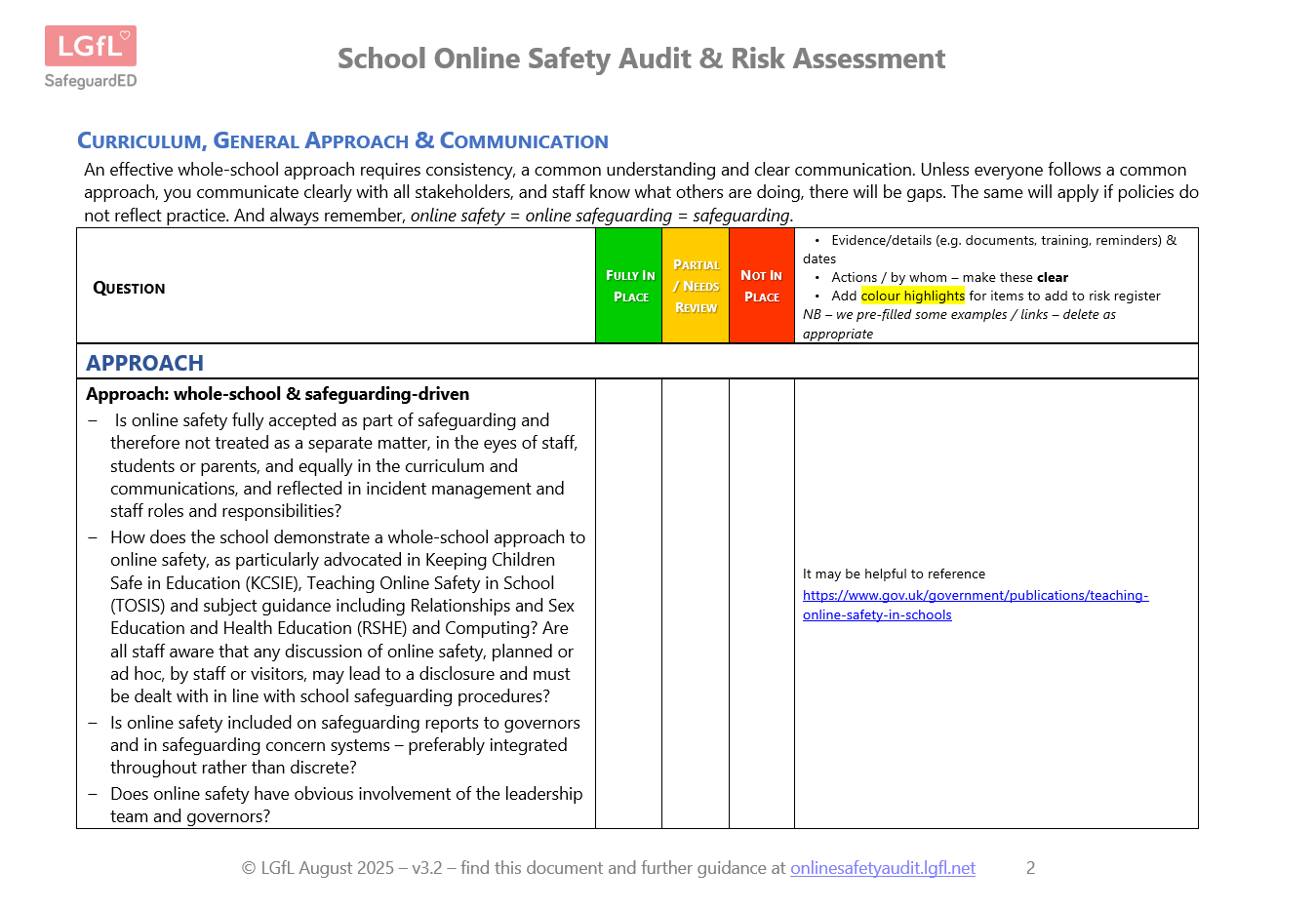 Image of the Online Safety Auidt page 2 with questions about the approach to online safety and red amber and green ratings