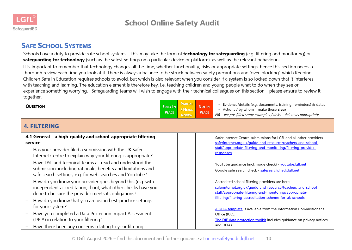Image of one page of the Online Safety Audit